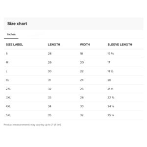 Size Chart for the T-Shirt